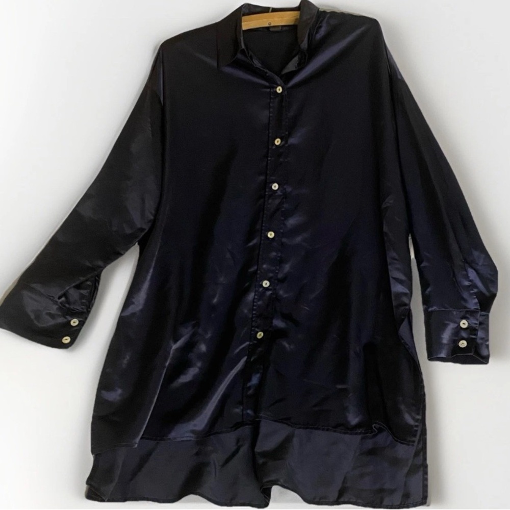 Icons By Simons Black Satin Shirt Mens M Long Sleeve Button Up Smooth‎ Breezy